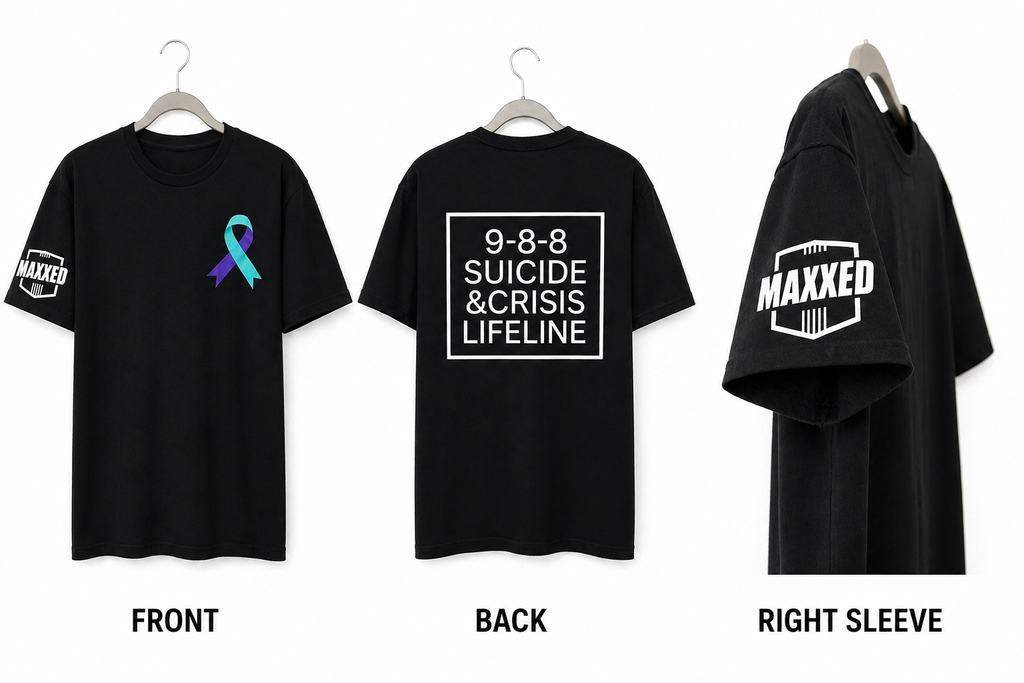 Black t-shirt with suicide and crisis hotline number, Maxxed logo, and the suicide ribbon on the right sleeve.