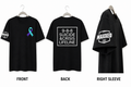 Black t-shirt with suicide and crisis hotline number, Maxxed logo, and the suicide ribbon on the right sleeve.