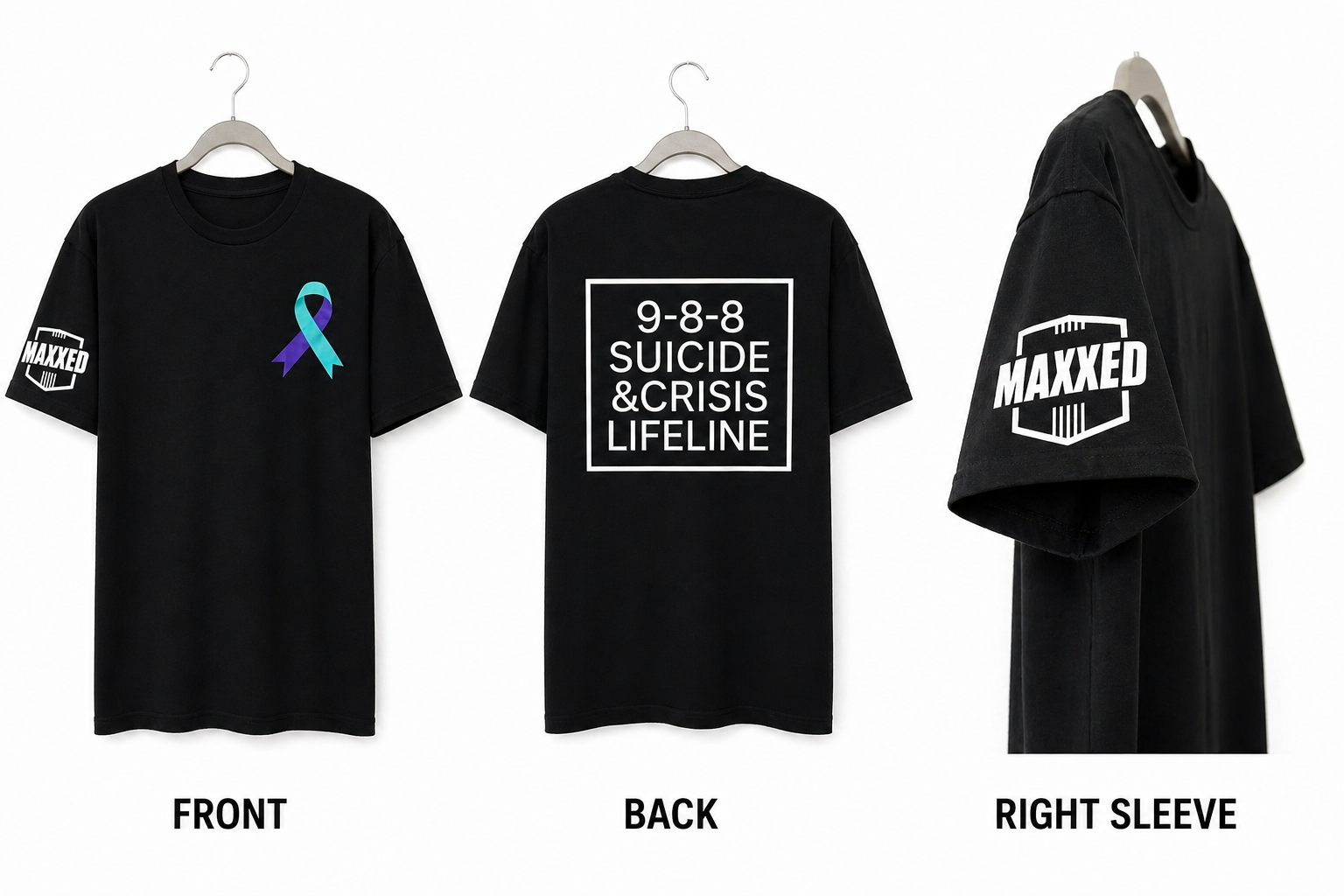 Black t-shirt with suicide and crisis hotline number, Maxxed logo, and the suicide ribbon on the right sleeve.